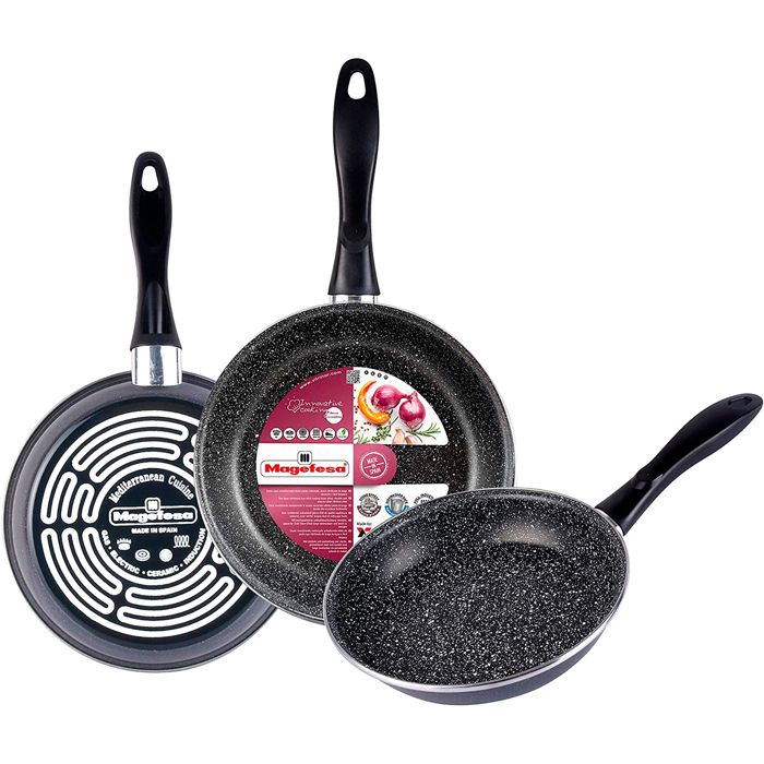 Set 3 Poêles à frire 20-24-28cm, Induction, PIERRE Non Adhérente sans PFOA Magefesa GransassopotenciaGris 88244