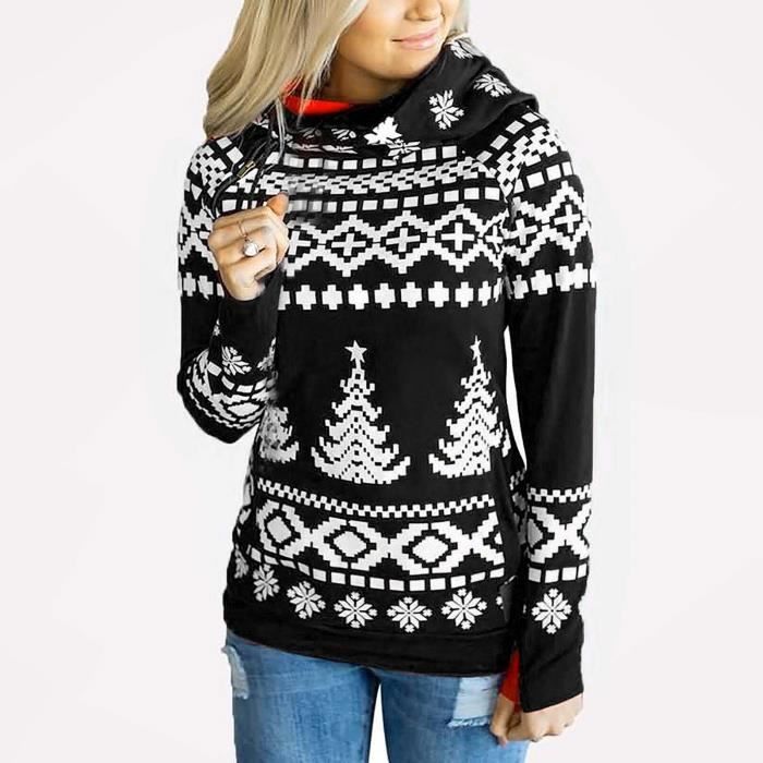 Pull à capuche de Noël pour femmes, impression de chandails à manches longues confortables Noir