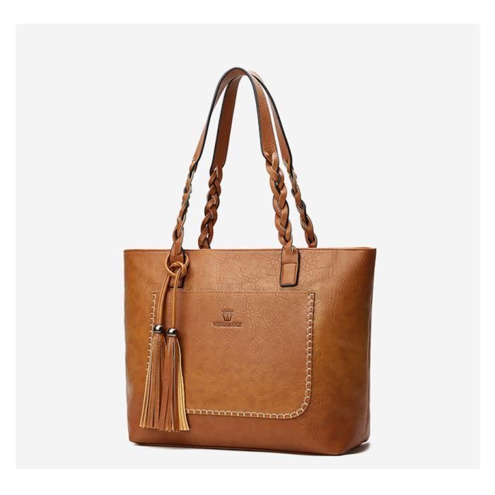 Simple Vintage Femmes Grande Capacité Épaule Casual Sacs Fourre-Tout Messenger Gland Sacs À Main Imperméables Marron Clair