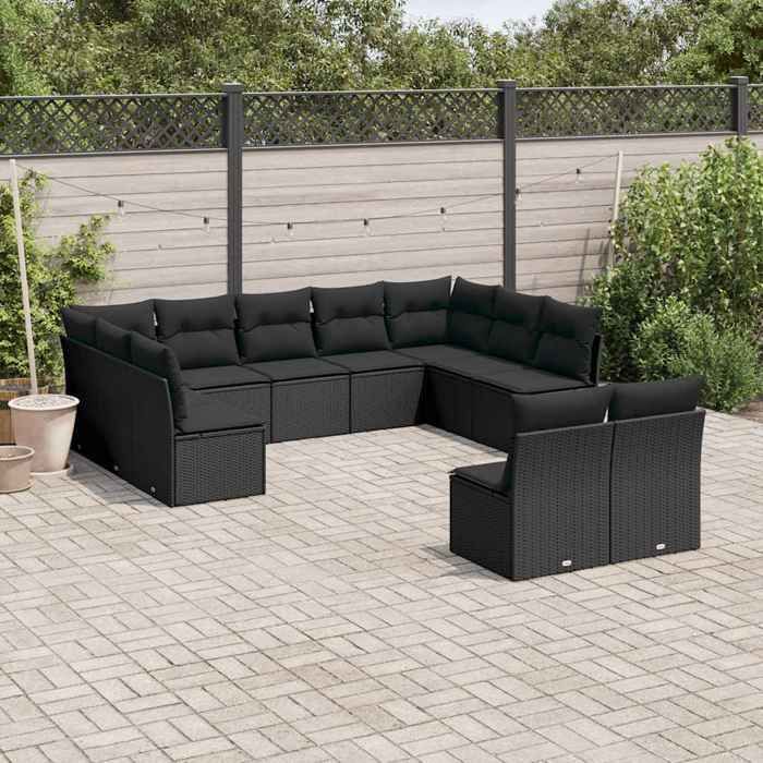 vidaXL Salon de jardin 11 pcs avec coussins noir résine tressée 3218345