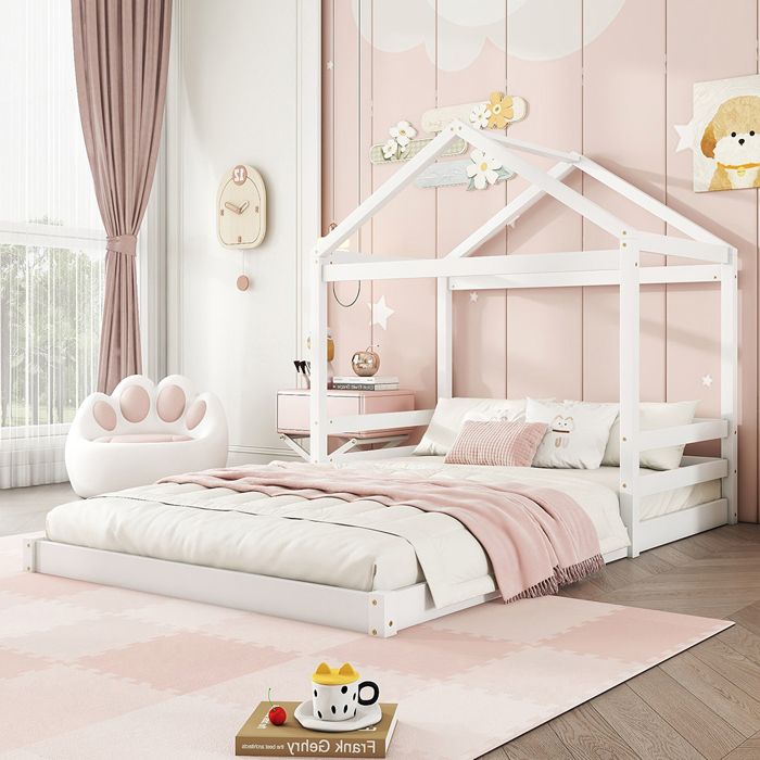 Lit enfant 140 x 200 cm Forme maison Sommier à lattes Sans matelas Pin Blanc