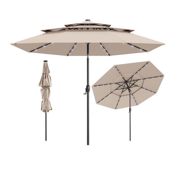 Parasol De Jardin 300 Cm Avec Lumières LED Solaire, Inclinaison 35°, Manivelle | Sans Pied, Pour Terrasse, Piscine