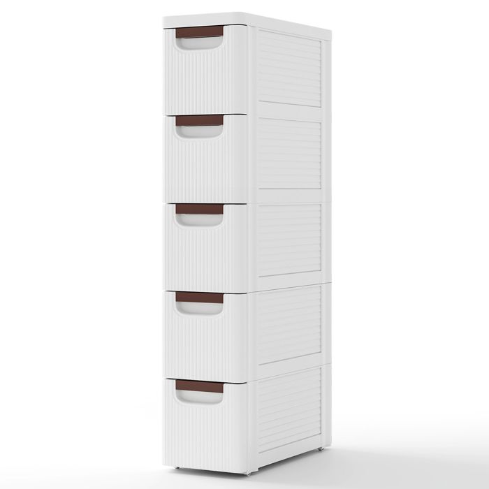 COSTWAY Commode Étroite avec 5 Tiroirs avec Roues Intégrées pour Salle de Bain Studio & Salon 42 x 19 x 91 cm Blanc COSTWAY Commode Étroite avec 5 Tiroirs avec Roues Intégrées pour Salle de Bain Studio & Salon 42 x 19 x 91 cm Blanc