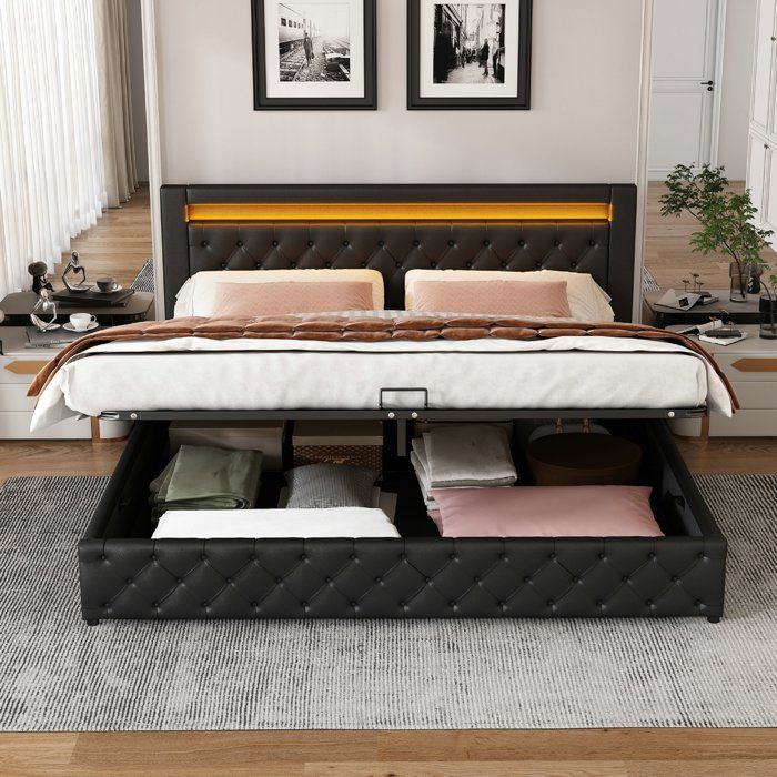 Lit coffre - VVBV - 160x200 cm - Rembourré PU - Sommier à lattes - Coffre de rangement