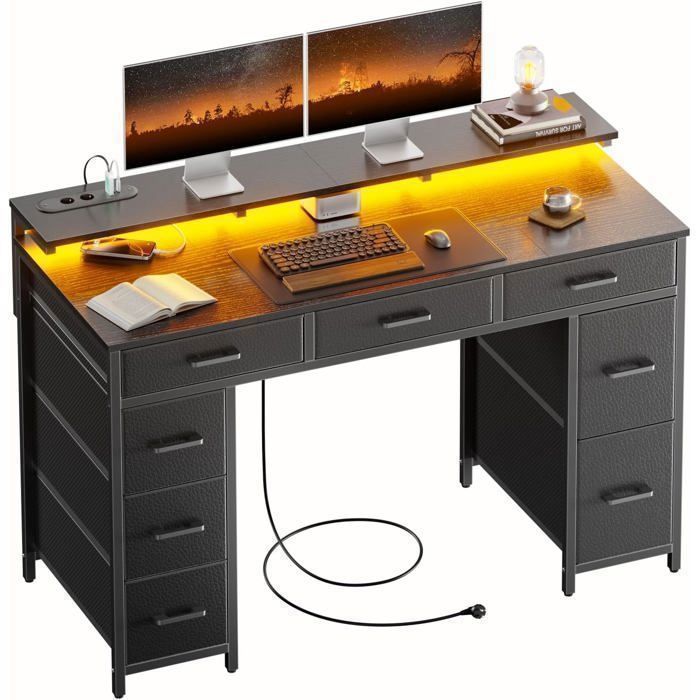 HLONONE Bureau avec 8 Tiroirs en Tissu 120 × 50 cm Bureau Gaming LED avec Prises & Ports USB Bureau Gamer Noir
