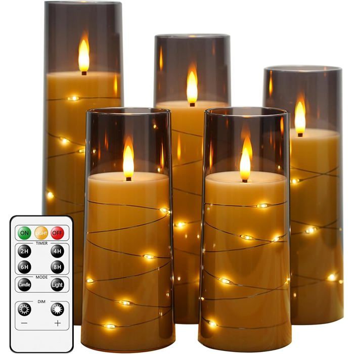 ®RisingFF Bougies LED sans flamme 5 bougies sans flamme coque en acrylique stable corde étoile intégrée (gris)