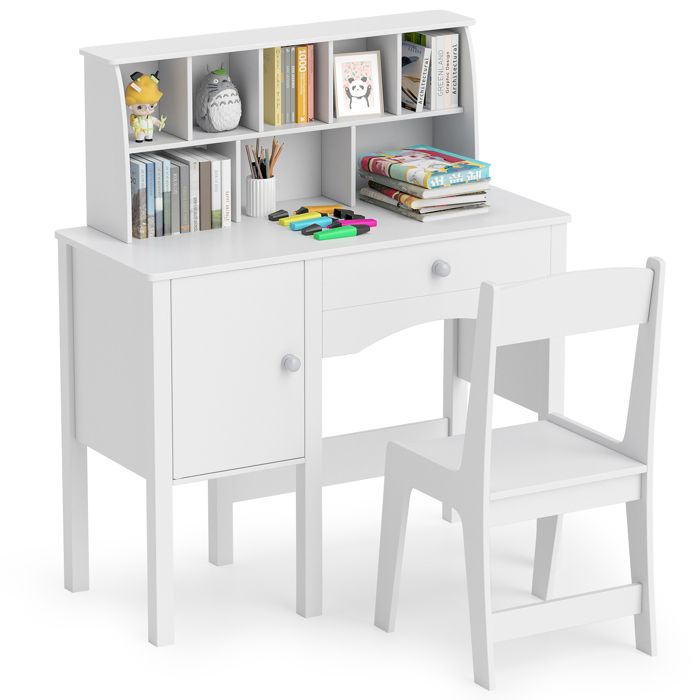 GOPLUS Bureau Enfant avec Chaise-79x34x91CM-1 Tiroir+1 Armoir+Clapier 8 Cases Dessus-Blanc