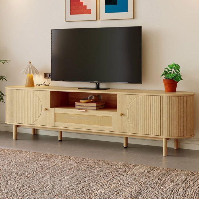 Meuble TV - OEM - Meuble TV contemporain - Tiroir en rotin - Portes semi-circulaires - Pieds métal effet bois