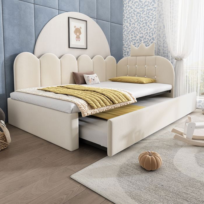 Lit Gigogne 90x200 Canapé dAngle Enfant avec Lit Roulant Caché 90x190 Design Couronne Velours Doux Structure L Modulable
