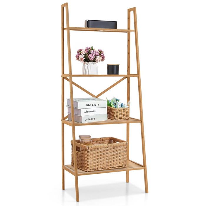 Bibliothèque étagère - HELLOSHOP26 - Modèle échelle - Bambou naturel - Dispositif anti-basculement - 4 niveaux