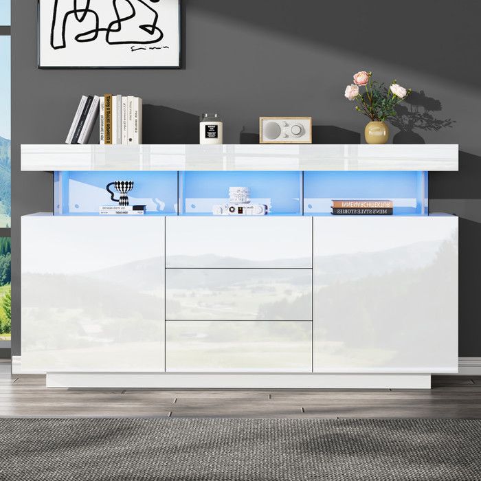 Buffet moderne 140 x 35 x 80 cm buffet brillant bar à café buffet en acrylique avec bande lumineuse LED 16 couleurs(blanc)