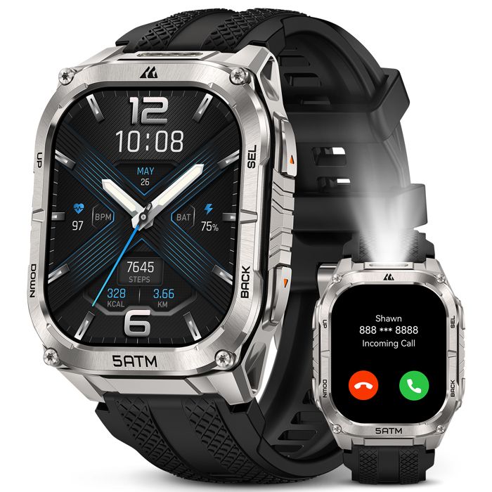 Montre Connectée homme SmartWatch Sport KOSPET M4C GPS Lampe Torche LED et Talkie-Walkie Corps Entièrement Métallique 5ATM - Argent