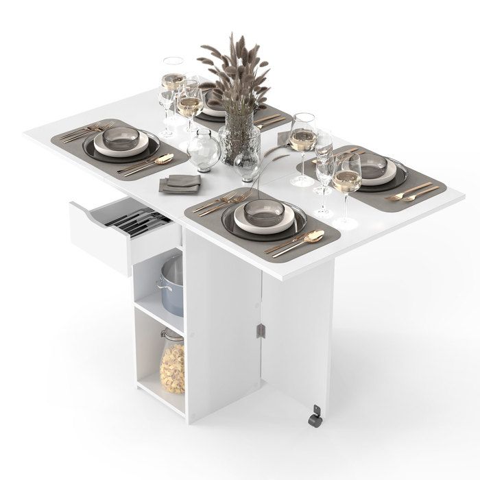 GIANTEX Table de Cuisine Pliante Table à Manger Extensible avec Roulettes et Tiroir Etagères à 2 Niveaux 120x72x75cm Blanc