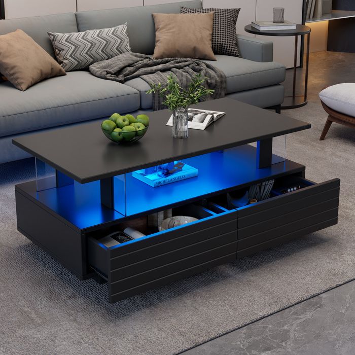 Table basse LED 100x50x42 cm noire en acrylique commande via appli + télécommande 2 tiroirs double niveau