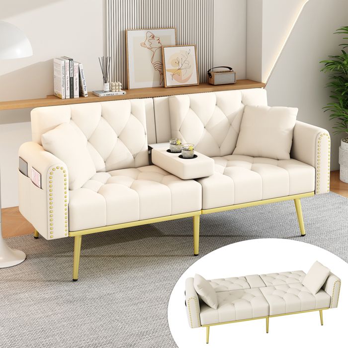 Canapé-lit double escamotable avec fonction couchage 3 positions inclinables porte-gobelets tissu beige