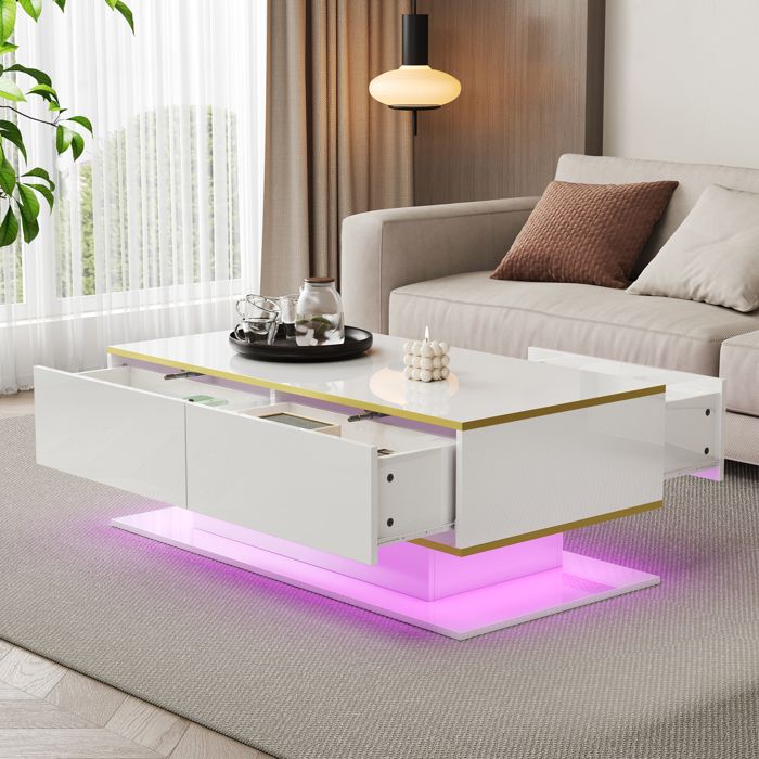 Table basse blanche et dorée avec LED 3 tiroirs et rangement ouvert Table basse blanche et dorée avec LED 3 tiroirs et rangement ouvert