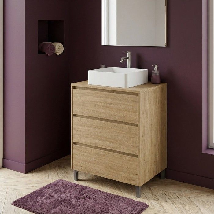 Meuble vasque à poser L.60cm sur pied 3 tiroirs Chêne naturel LISBONA - sans colonne Meuble vasque à poser L.60cm sur pied 3 tiroirs Chêne naturel LISBONA - sans colonne