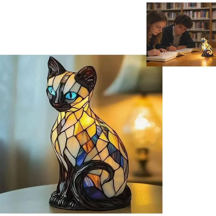 VEILLEUSE Lampe Pour Chat Lampe Pour Chat En Vitrail Table USB Vintage 3D Veilleuse LED En Résine Décorative Pour LAMPE DECORATIVE