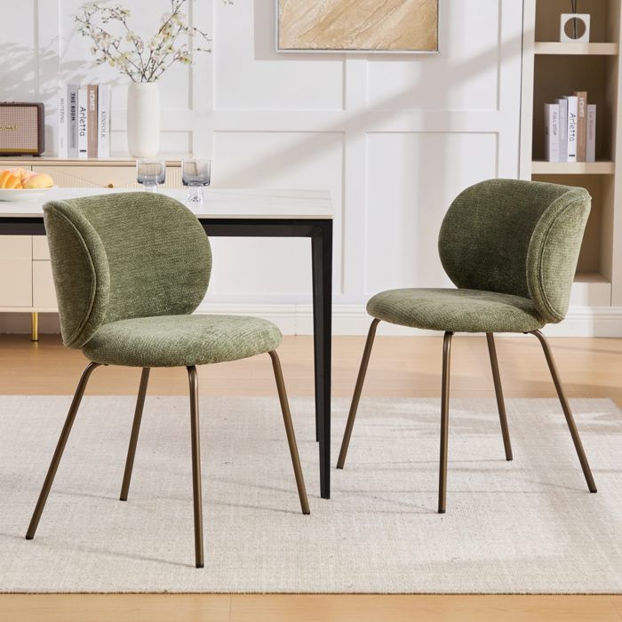 Chaise à manger chenille 2 pièces vert dossier incurvé confortable pieds métal bronze Chaise à manger chenille 2 pièces vert dossier incurvé confortable pieds métal bronze