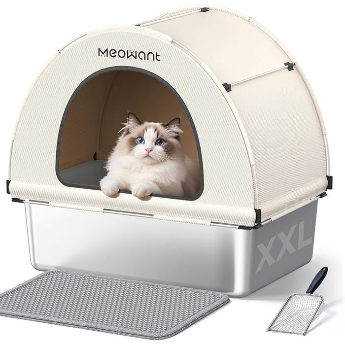 Bac à Litière pour Chat en Acier Inoxydable XXLType Fermé en Forme de UGrand Toilettes pour Chat avec Pelle et Bnc