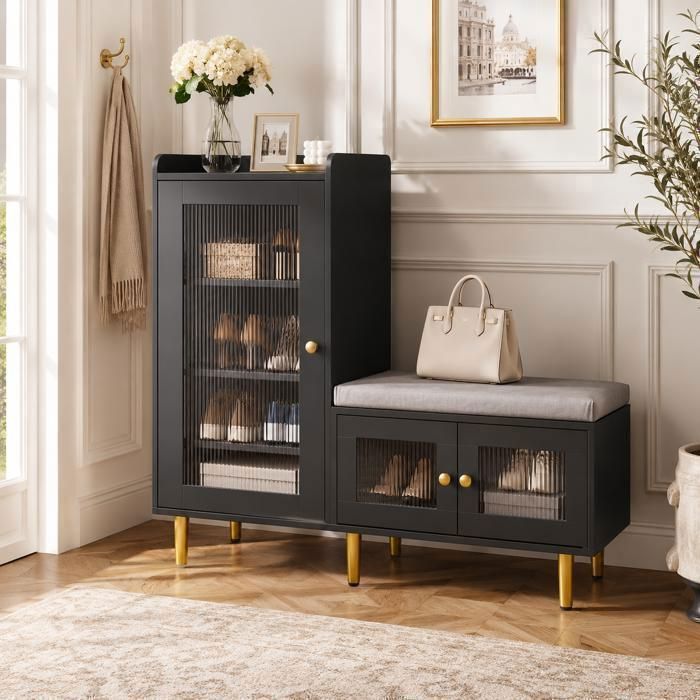 Meuble à chaussures 100 x 35 x 90 cm avec banc rembourréporte vitrée et 3 niveauxpour entréechambre ou salonnoir et or