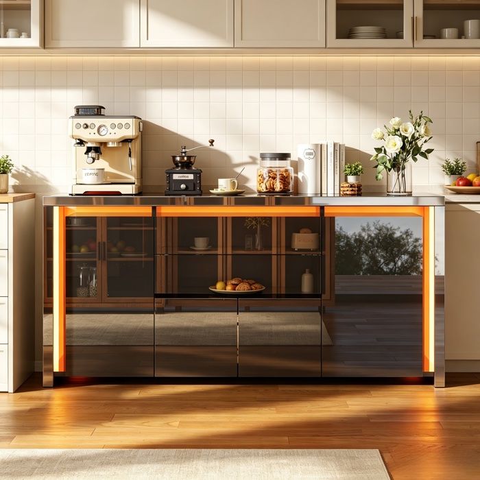 Buffet avec LEDmeuble TVbuffet bas moderne4 portes et 2 tiroirsgrand espace de rangementpour cuisine salon salle à mangernoir