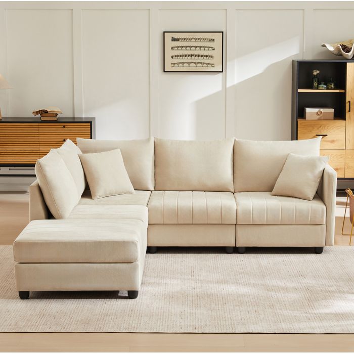ELVORIN Canapé modulable 5 places 220 x 194 x 85 cm coton lin beige ottomane mobile pour salon et séjour