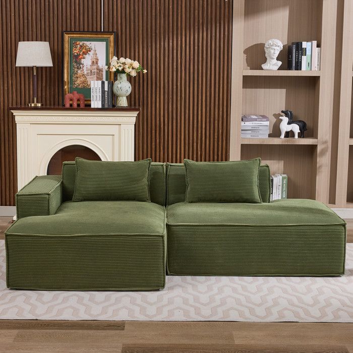 Canapé fixe 2 places vert 233 cm en tissu polyester avec 2 coussins assise mousse et ressorts ensachés