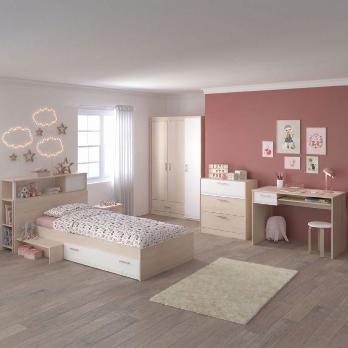 Chambre complète lit 90x190 avec environnement + armoire 2P + bureau + commode - CHARLINE Chambre complète lit 90x190 avec environnement + armoire 2P + bureau + commode - CHARLINE