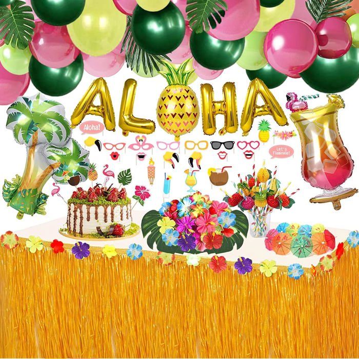 Ensemble de décoration Luau hawaïenne 162 pièces - Avec jupe de table et guirlande de ballons Aloha - Pour fête tropicale de plage