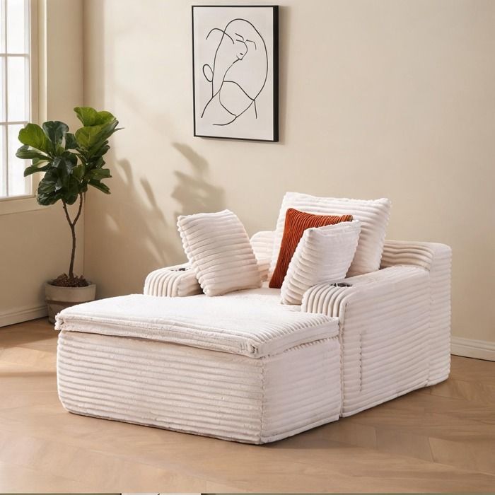 Canapé de sol modulable sans structure en velours côtelé beige avec méridienne et coussins