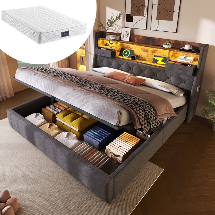 JOINERY lit adulte 160x200 coffre rangement hydraulique avec matelas sommier à lattes tête de lit LED USB Type C lin gris