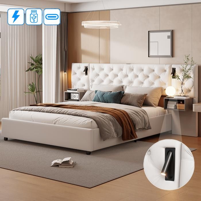 Lit Coffre 160x200cm avec Sommier LED et Charge USB Tête de Lit Rembourré avec 2 Tables de Nuit Cadre de lit 160x200 en Velours
