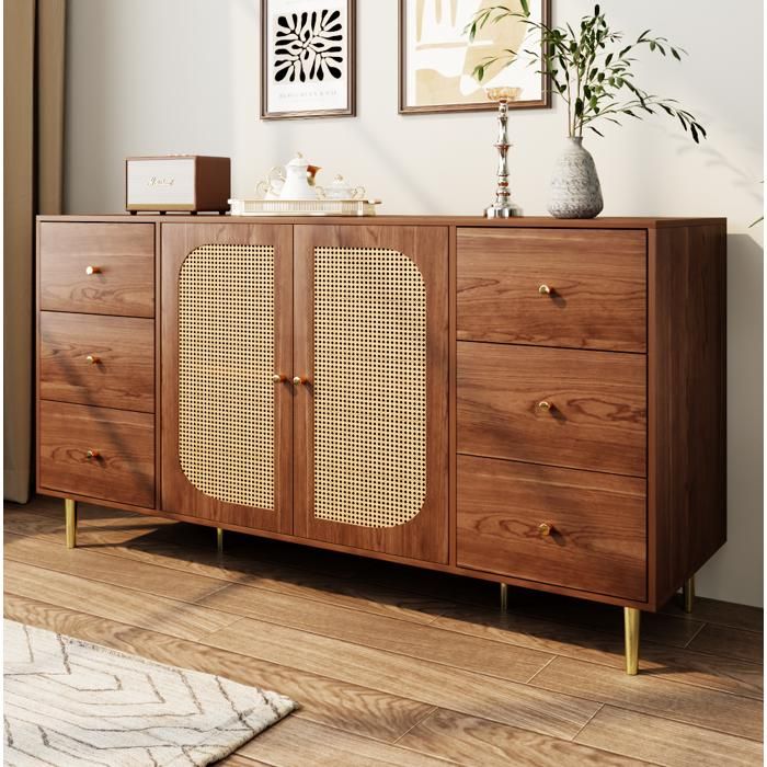 Buffet 6 Tiroirs 2 Portes en Rotin - TCQPZ - Meuble de Rangement en MDF pour Salon Marron 160 × 40 × 90 cm