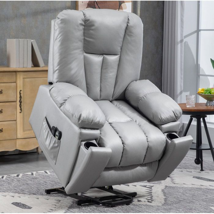 Fauteuil Massant Electrique Releveur Inclinable 135 Degres - ELVMI - 2 Porte-Gobelets Microfibre Simili Gris Fonce