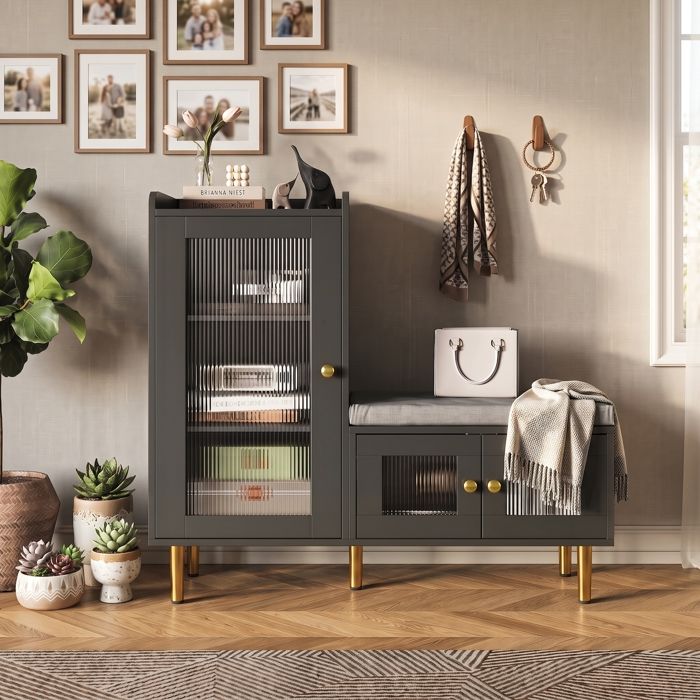 Banc à chaussures avec assise rembourrée armoire haute latérale avec porte et étagère de rangement pour couloir entrée noir