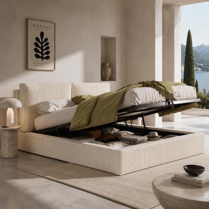 Lit Coffre 180 x 200 cm en Velours Côtelé Beige Lit Rembourré avec Sommier Relevable et Tête de Lit Haute