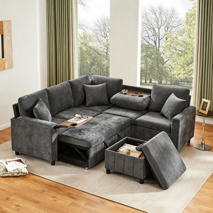 Canapé dangle convertible - SOGEU - 205x205x85 cm - Chenille gris - Pouf inclus - USB & lampe de lecture