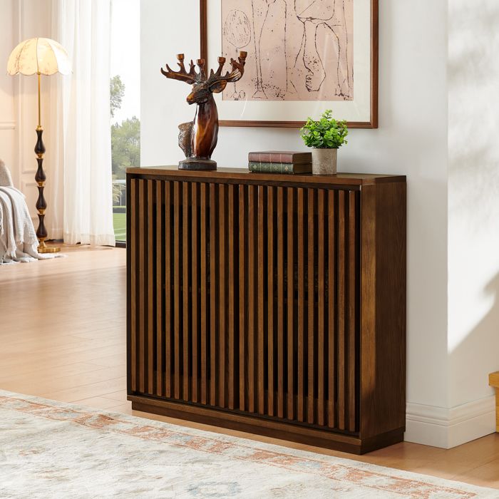 Buffet moderne à lattes verticales2 ouvertures de prise armoire de rangement en bois de noyer pour salon entrée 99×235×826 cm
