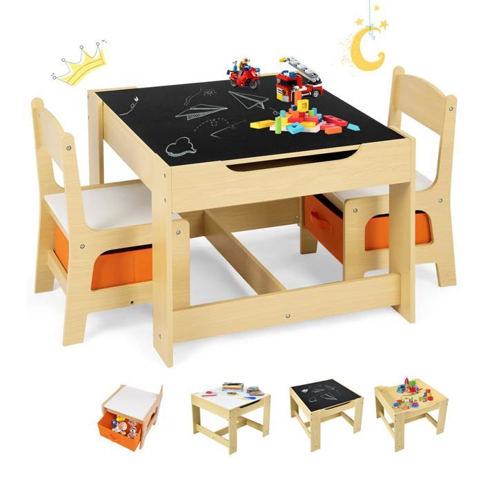 Table enfant 3-en-1 - lot de 3 pièces avec 2 chaises et tableau noir/blanc tiroir de rangement en MDF gain despace