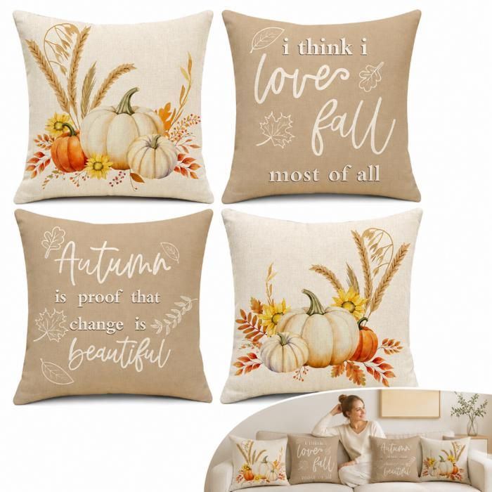 Housses coussin automne 45x45 cm - Lot 4 - Halloween citrouille feuille érable - Polyester/lin zip caché - Canapé-salon - Modèle A