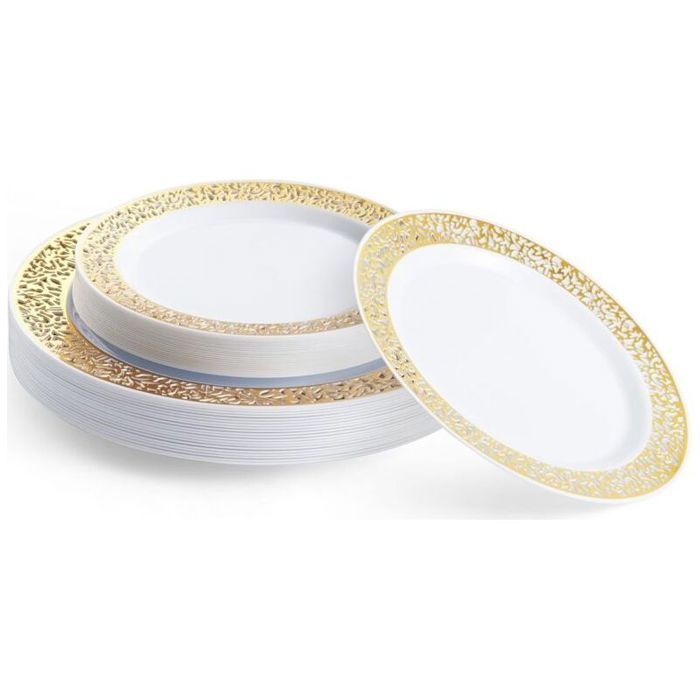 40 Assiettes en Plastique Réutilisables Blanches Premium avec Bord Doré (20 Assiettes Plates 20 Assiettes à Dessert) - Solide et Él