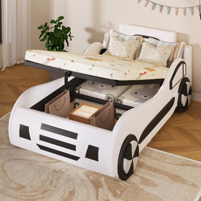 Lit enfant voiture EVRYAE 90 x 200 cm avec sommier à lattes et rangement hydraulique blanc