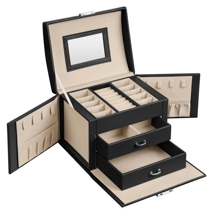 Boîte à Bijoux Verrouillable 3 Niveaux En Cuir – Rangement Pour Bagues, Colliers, Boucles D’oreilles, Avec Pochettes Et Chiffons Inclus