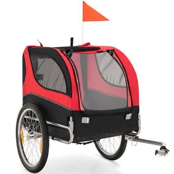 GYMAX Remorque de Vélo Pliable pour Chien et Chat Moyennes et Petits avec Roues Universelles, 3 Portes Zippées et Pare-Brise, Rouge