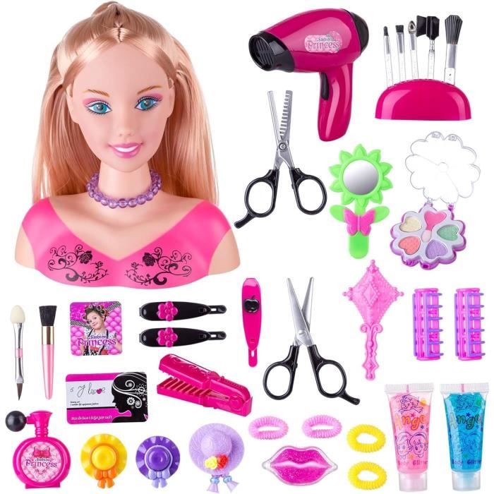 Tete à Coiffer et Maquiller Enfant Pretend Playset, 34Pcs Styling Tête Poupée Coiffure Jouet avec Sèche-Cheveux Les Petits Filles