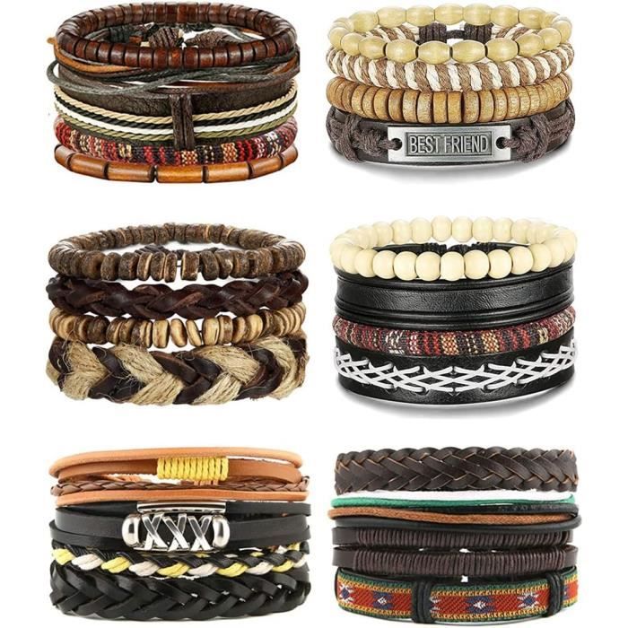 6 Bracelets En Cuir Tressé Et Perles Bois - Réglables Unisexe | Style Bohème Vintage