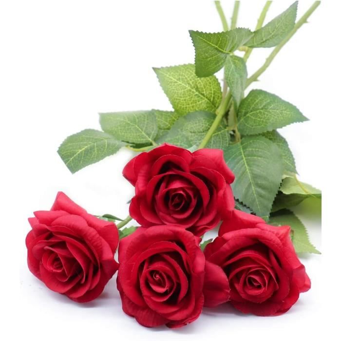 10 Roses Artificielles En Soie - Bouquet Rouge Pour Mariage, Décoration Maison/Bureau - 50cm