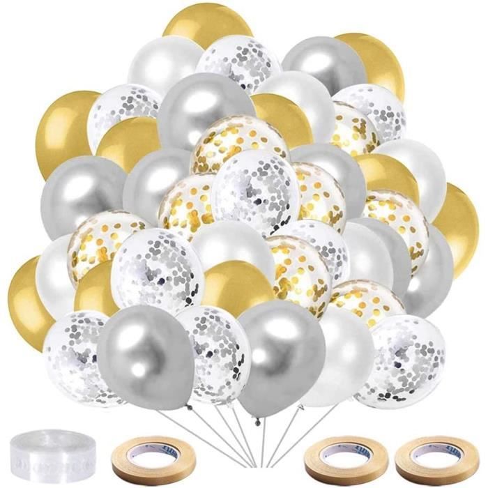 50 Ballons Argent Et Blanc 12 Pouces Avec Confettis - Décoration Fête Anniversaire Mariage Baby Shower