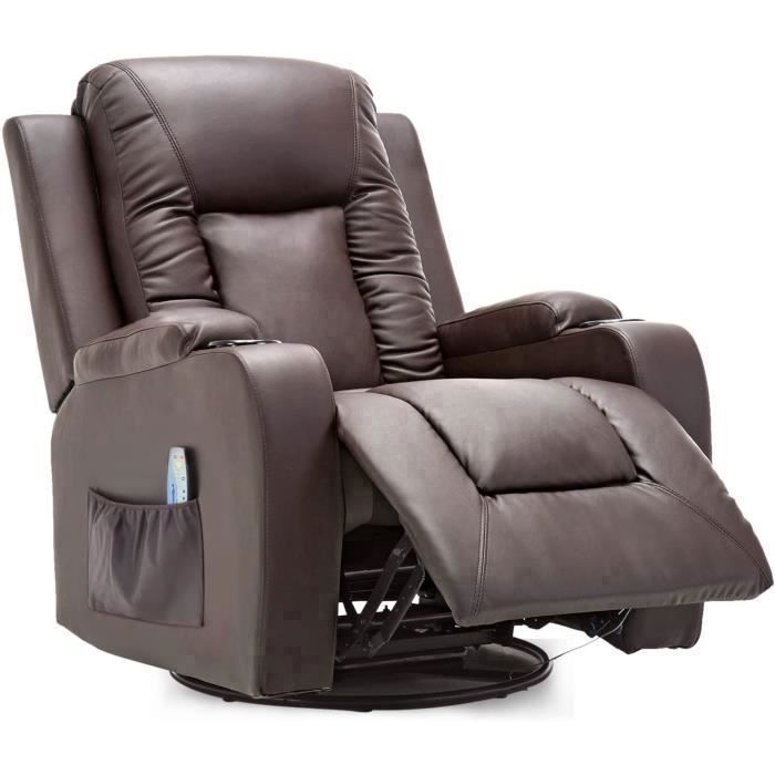 Fauteuil Relax avec Dossier et Repose-Pieds Réglables avec Porte-Gobelets et Poches Latérales Cuir PU Marron
